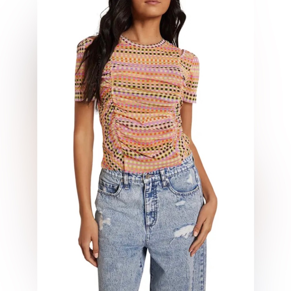 CIRCUS NY BY SAM EDELMAN Marzie Ruched Cutout Mesh Top Pink/ Multi Size XL NWT